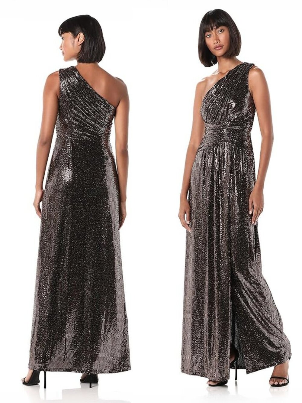 Modern Metallic Lurex One Shoulder Gown Brown 14W